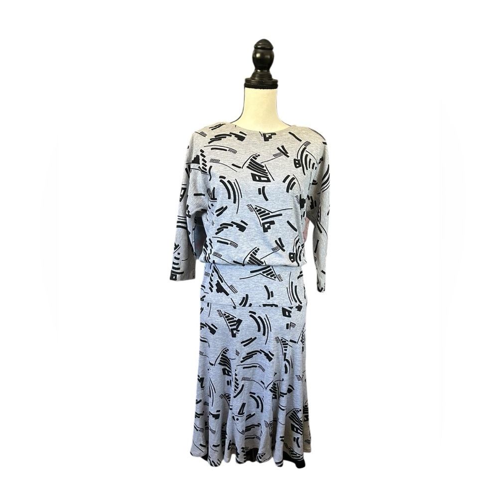 Vintage New Wave 80s Abstract Print Midi Dress Gray & Black Punk Artsy Size 5/6